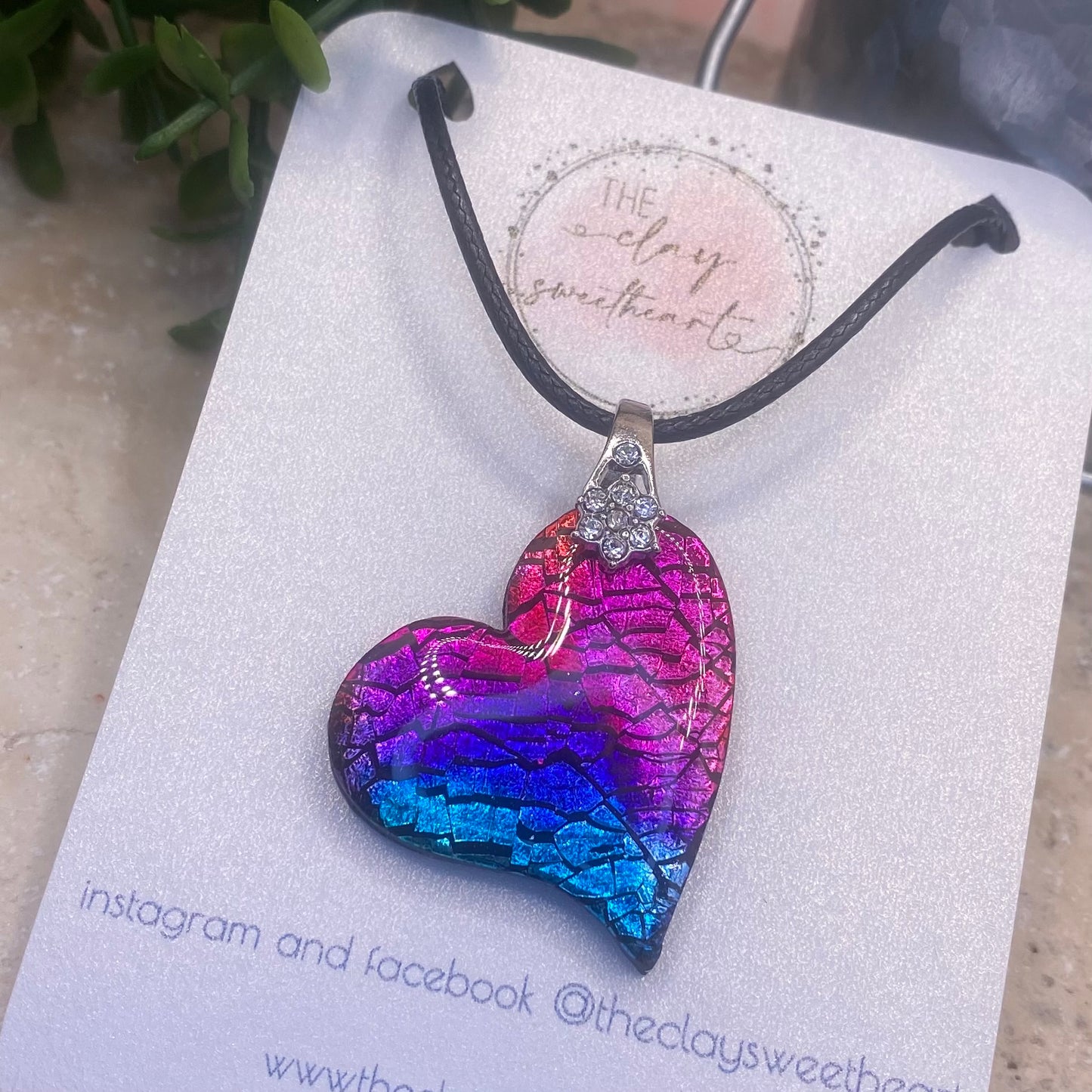 005 Rainbow prism polymer clay heart necklace