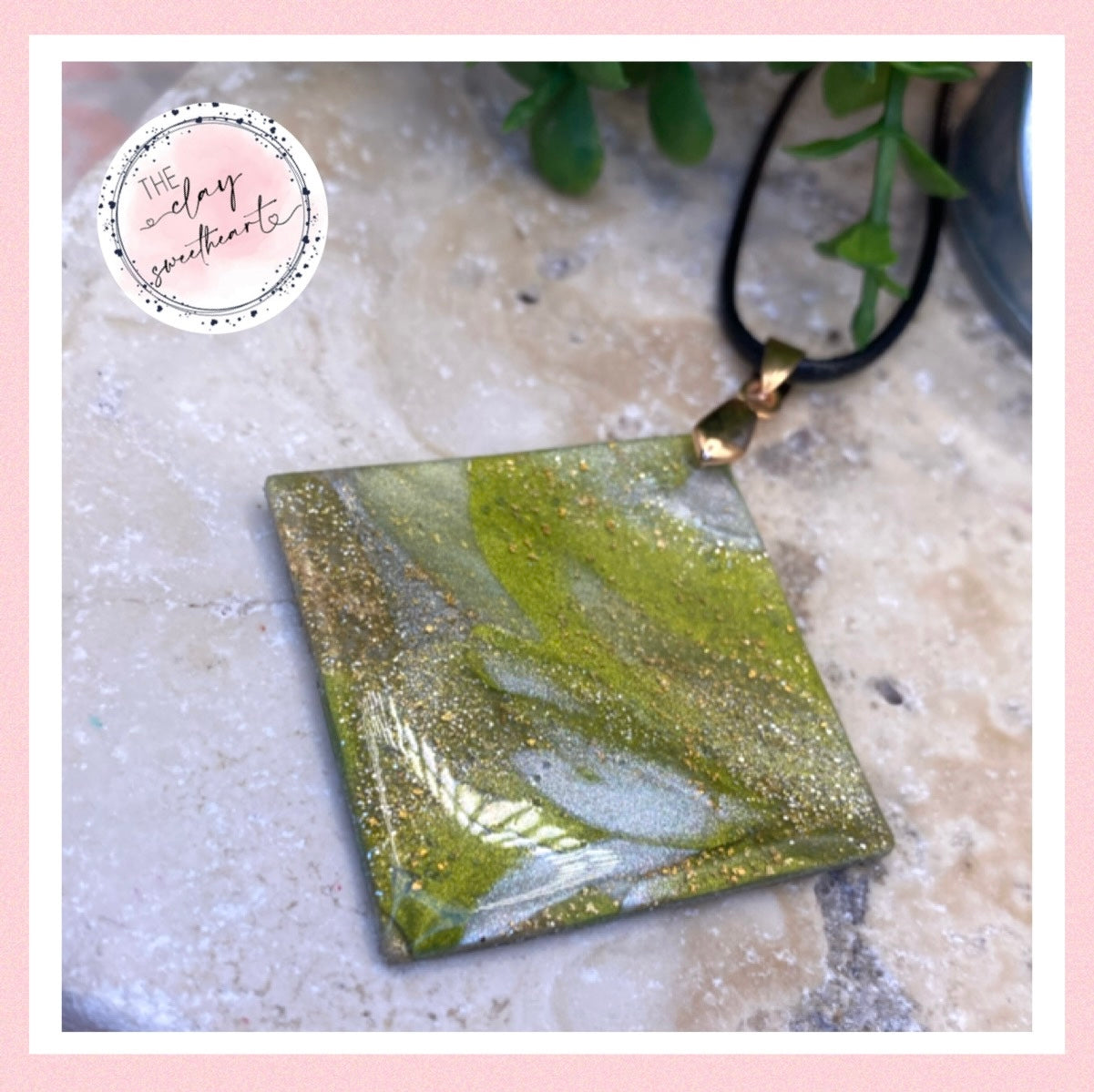 1704 green and gold polymer clay square necklace