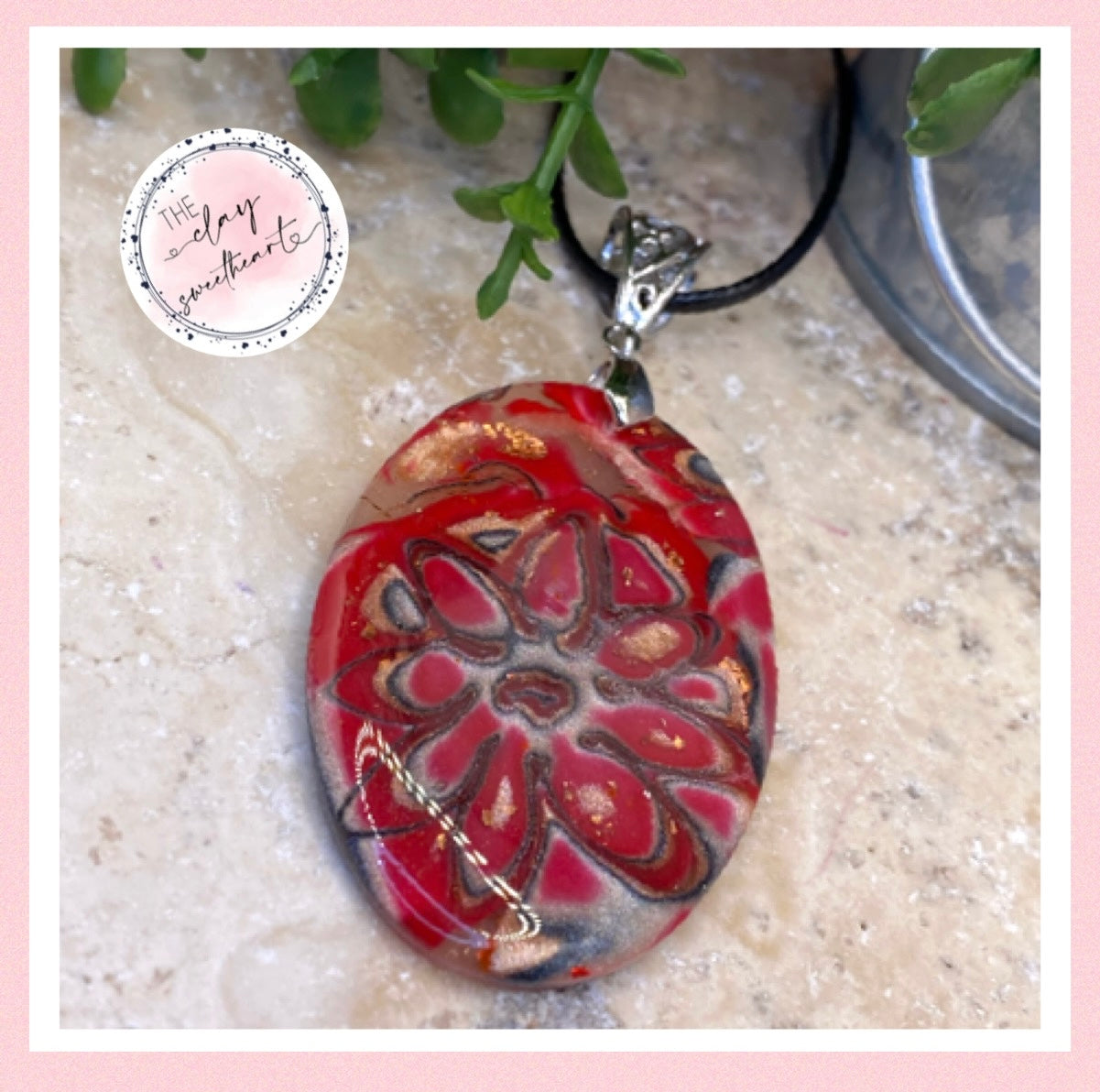 2216 red metallic floral polymer clay necklace