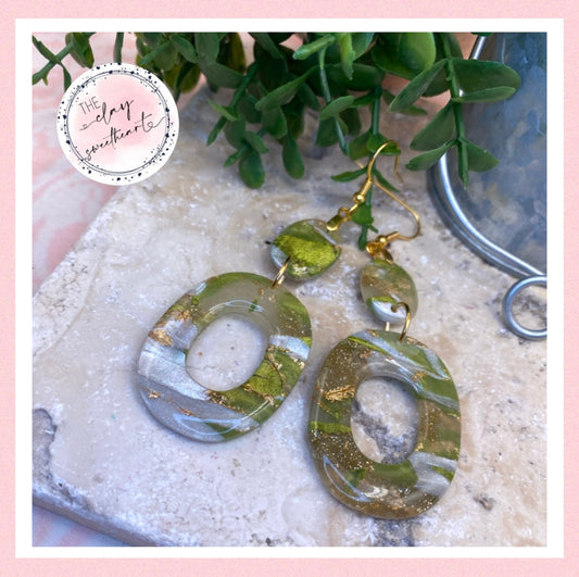 1708 green and gold polymer clay medium hoop earrings