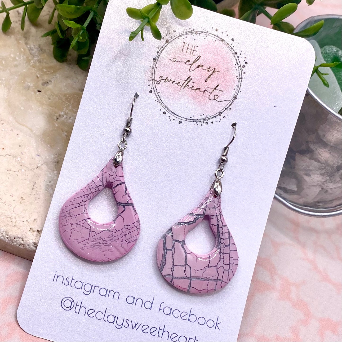 609 Pink crackle polymer clay earrings