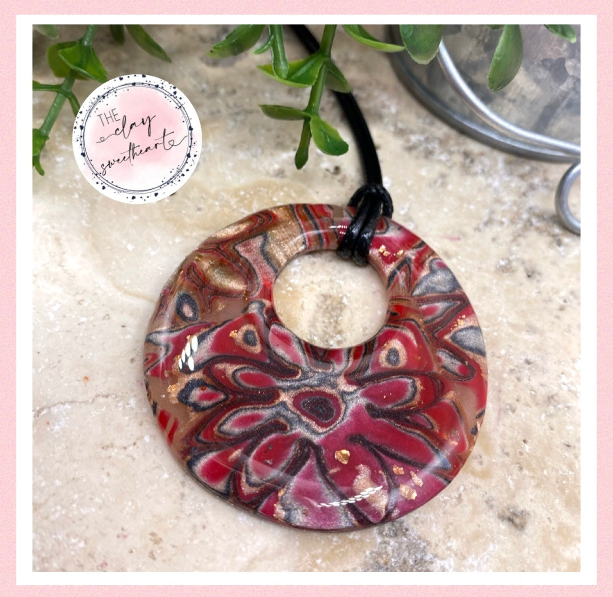 2217 red metallic floral polymer clay necklace