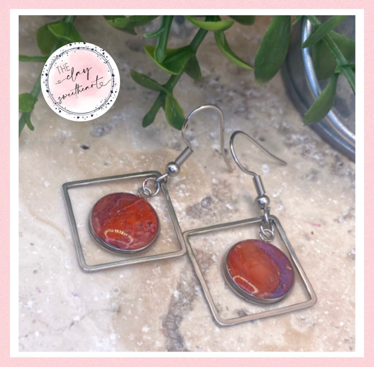 2212 red with purple polymer clay earrings