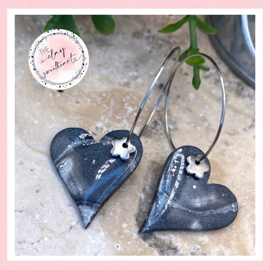 1305 polymer clay black and silver heart hoop earrings