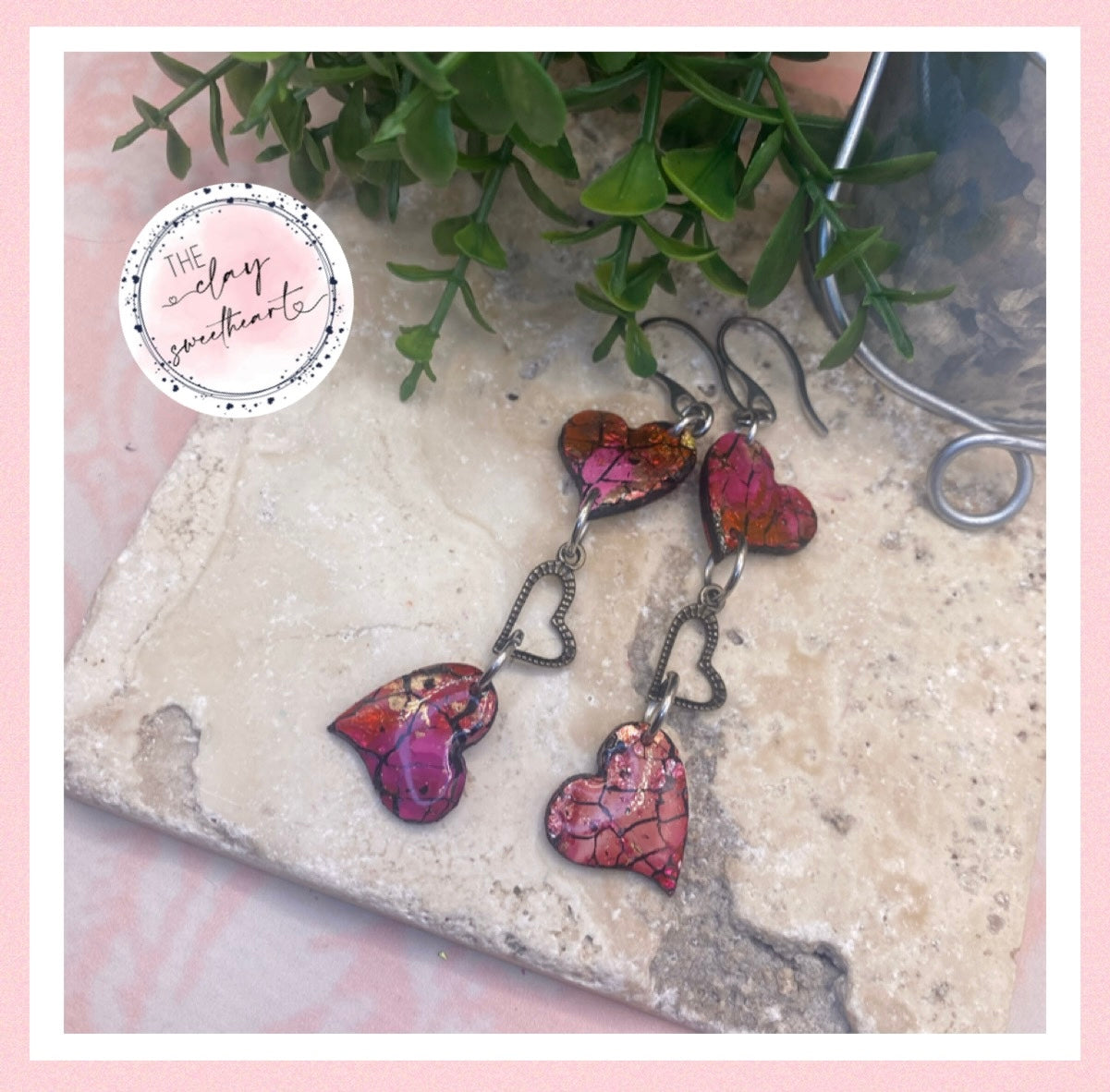 2204 red prism polymer clay heart earrings
