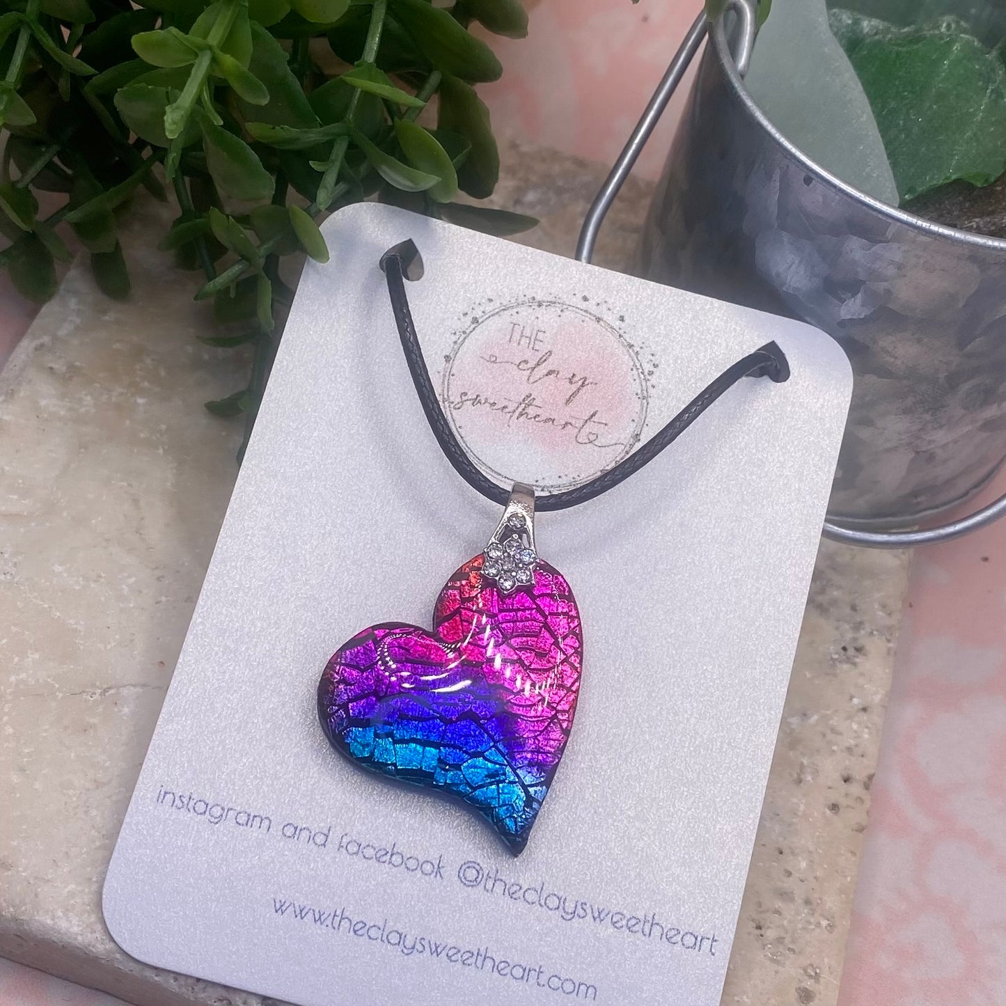 005 Rainbow prism polymer clay heart necklace