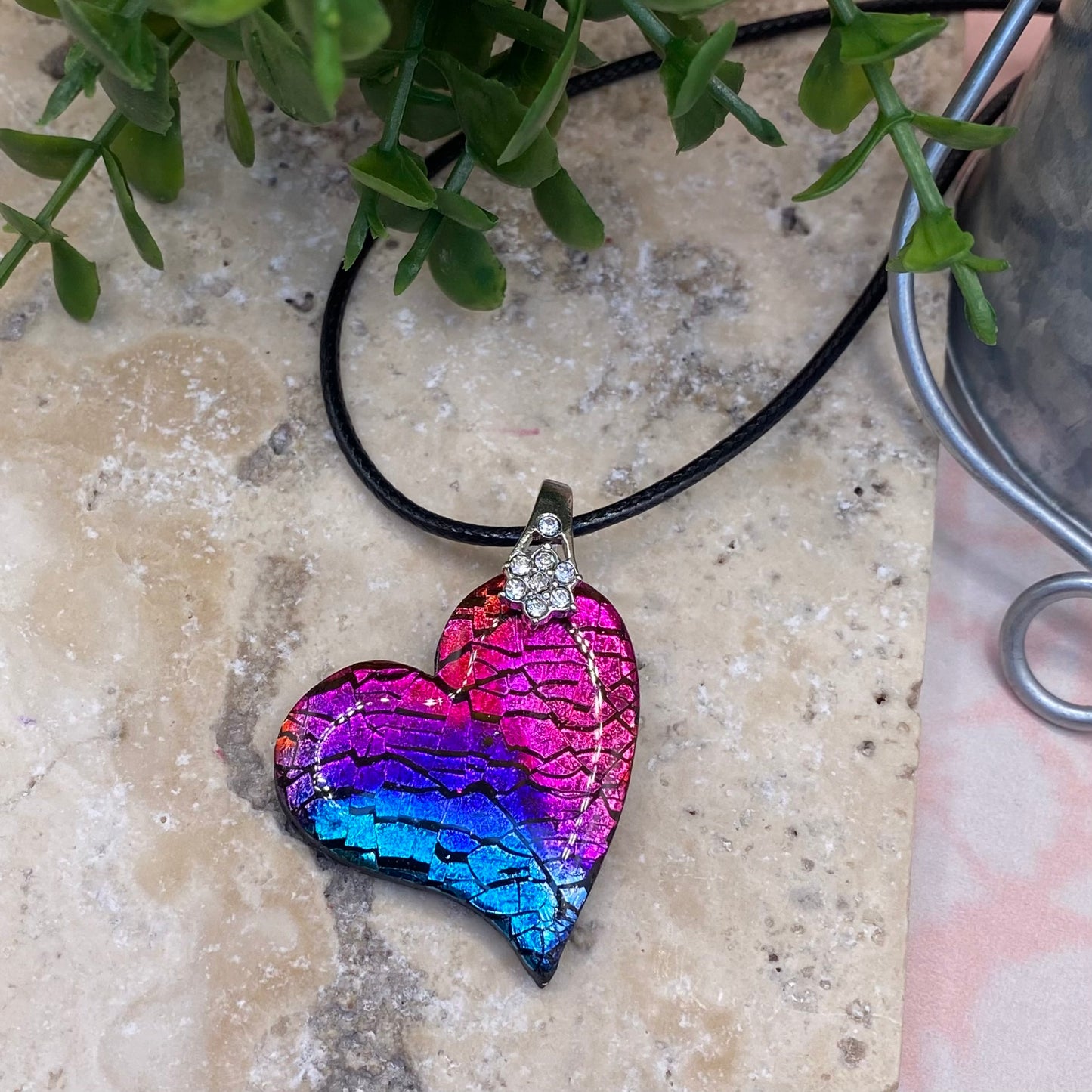 005 Rainbow prism polymer clay heart necklace