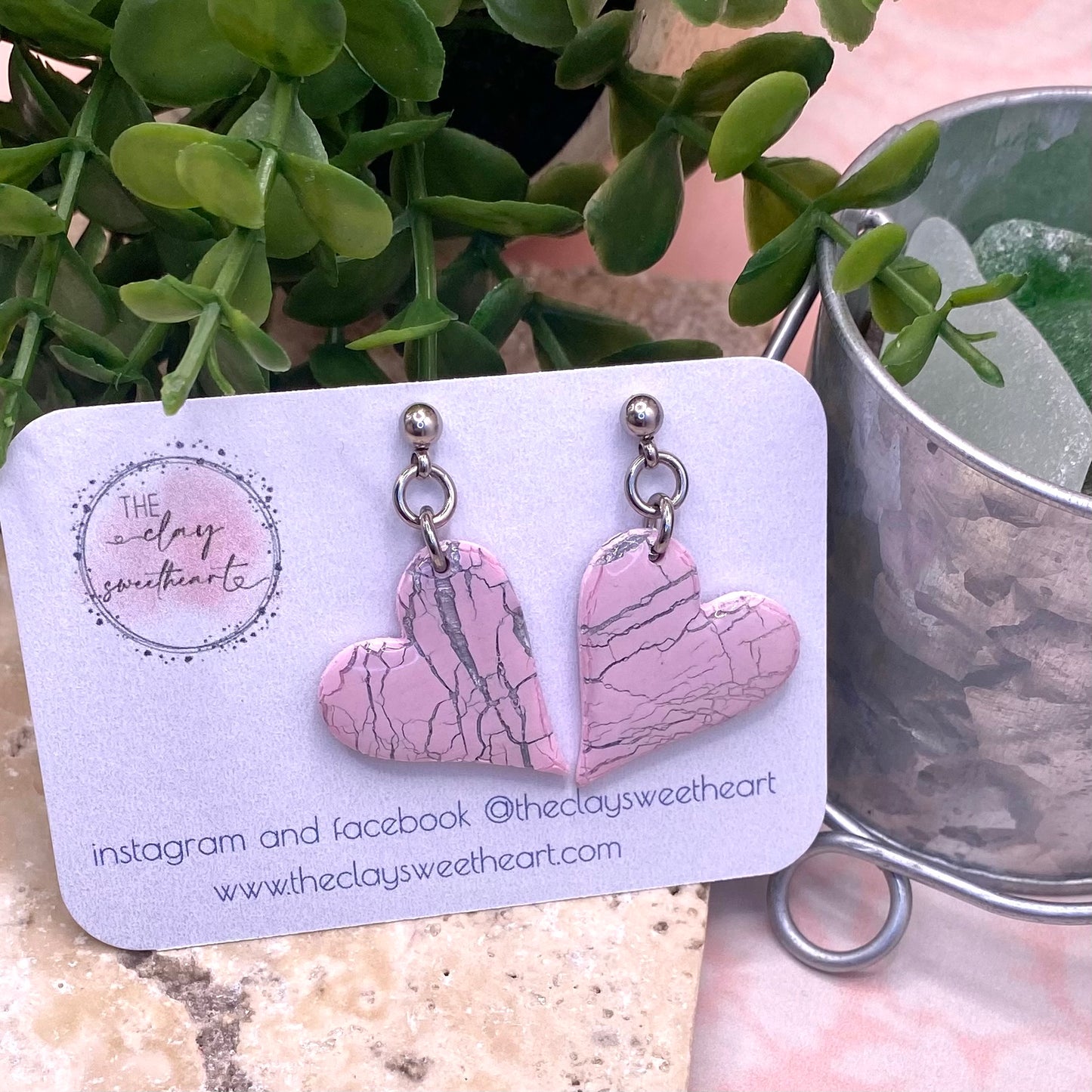 611 Pink crackle polymer clay heart earrings