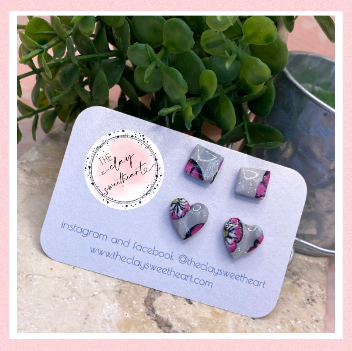 1612 silver with pink flowers polymer clay stud earrings