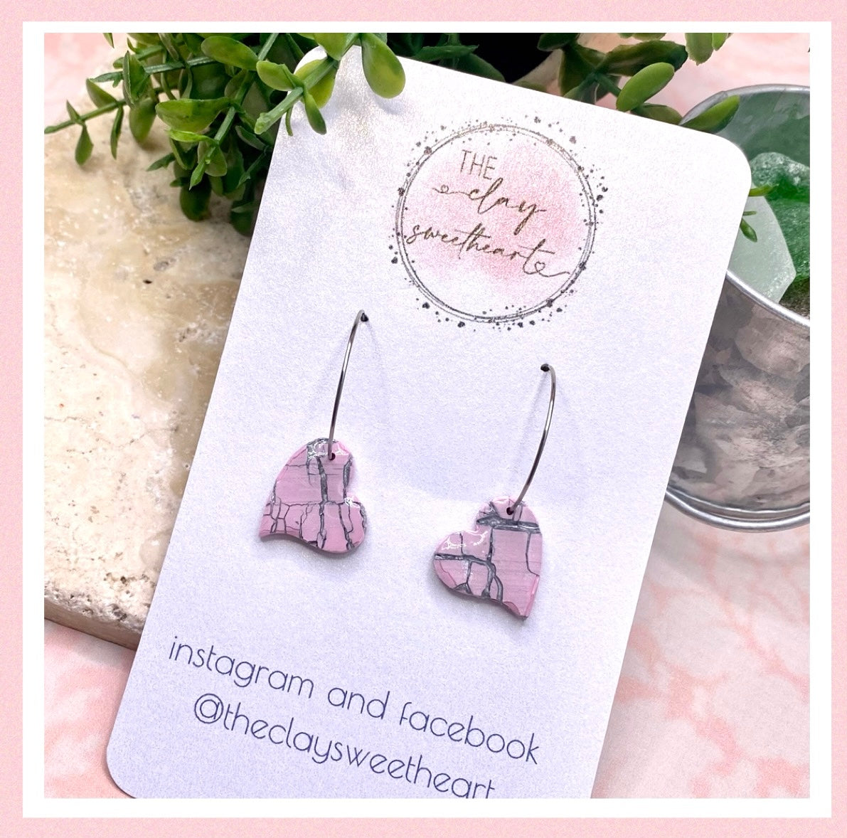 610 Pink crackle polymer clay heart earrings