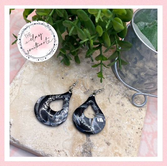 1313 polymer clay black and silver teardrop earrings