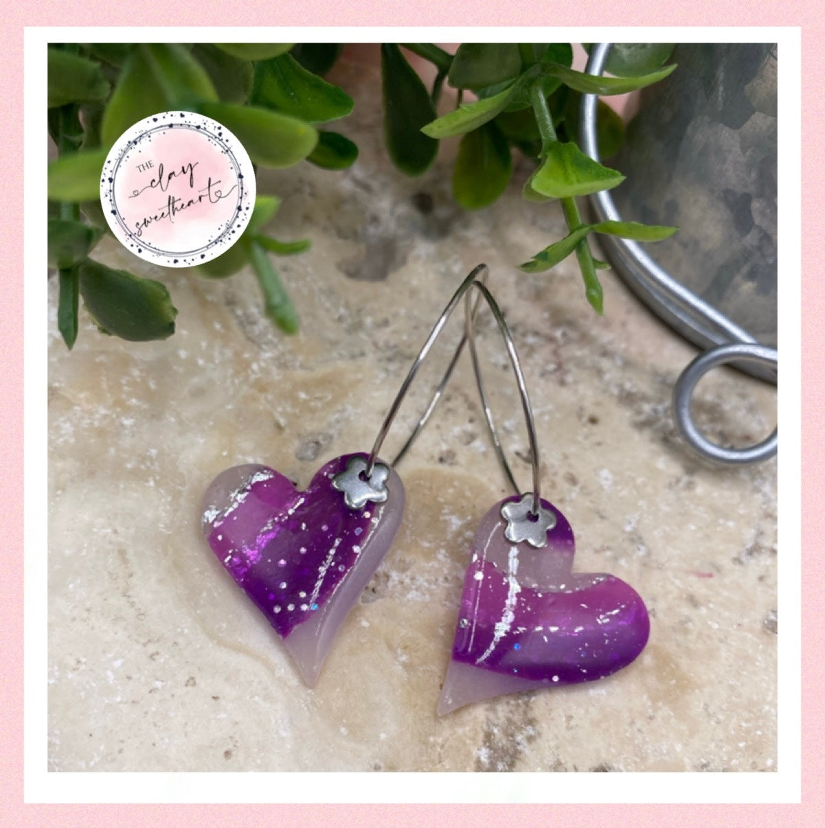 2623 Polymer clay Purple Heart translucent earrings