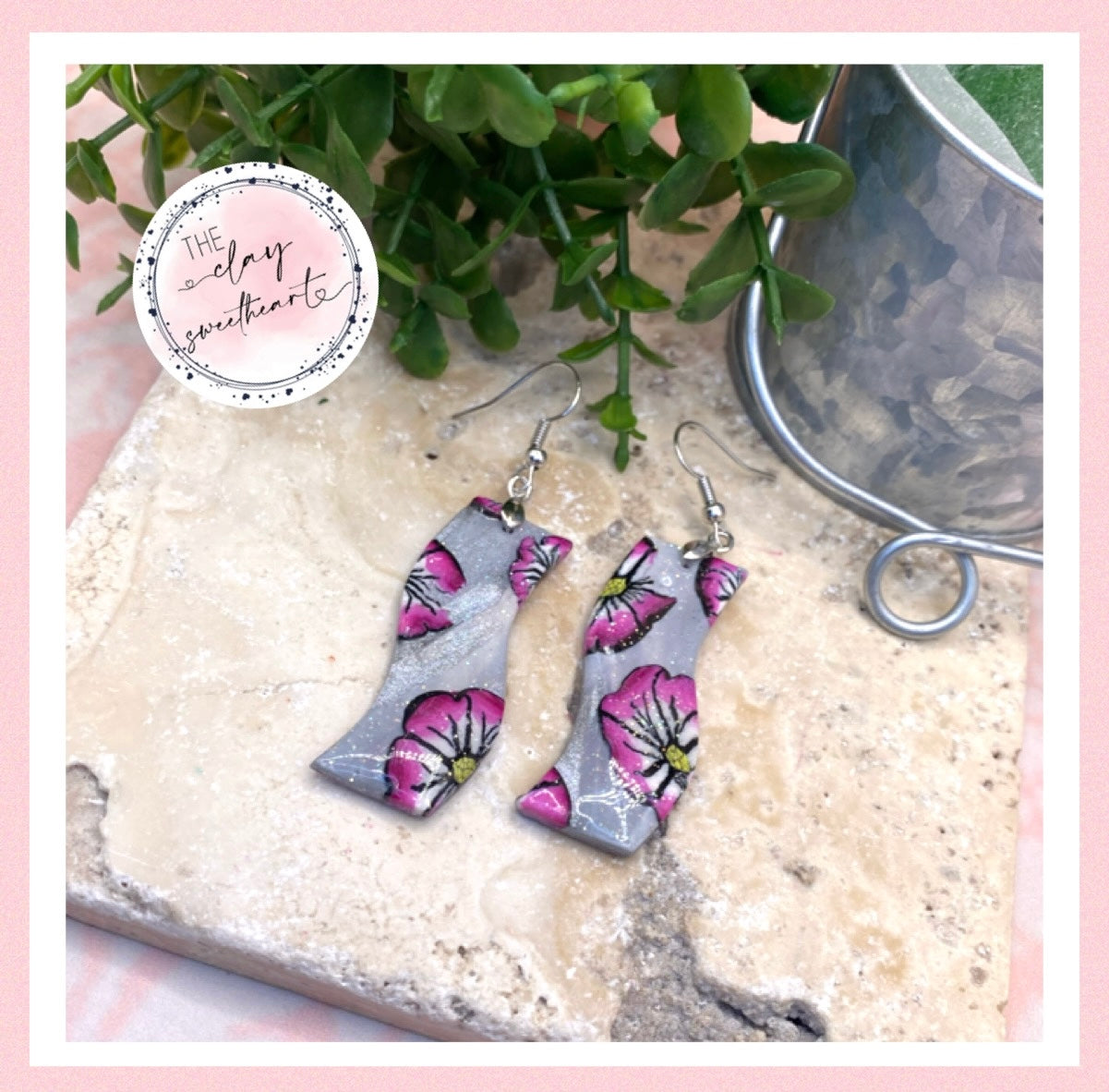 1601 silver with pink flowers polymer clay wave earrings