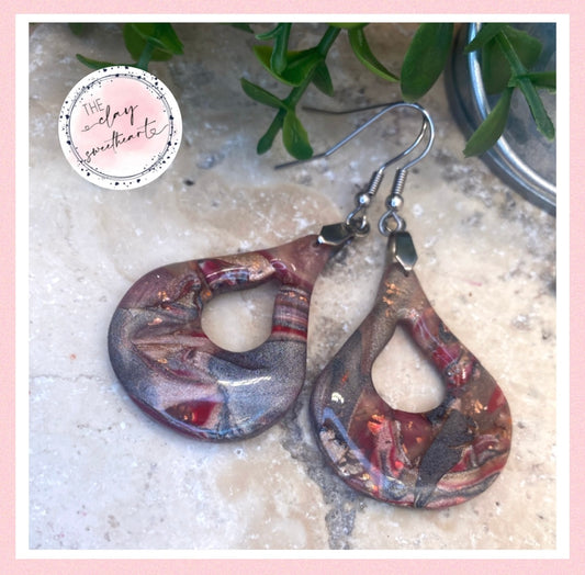 2222 red metallic floral polymer clay earrings