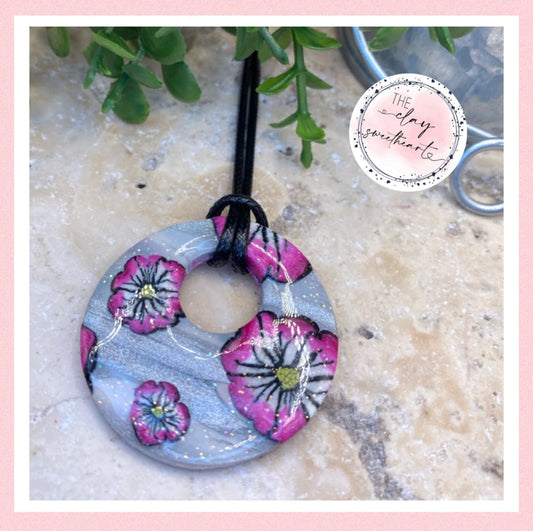 1608 silver with pink flowers polymer clay circle necklace