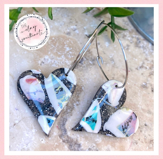 1204 polymer clay heart hoop earrings