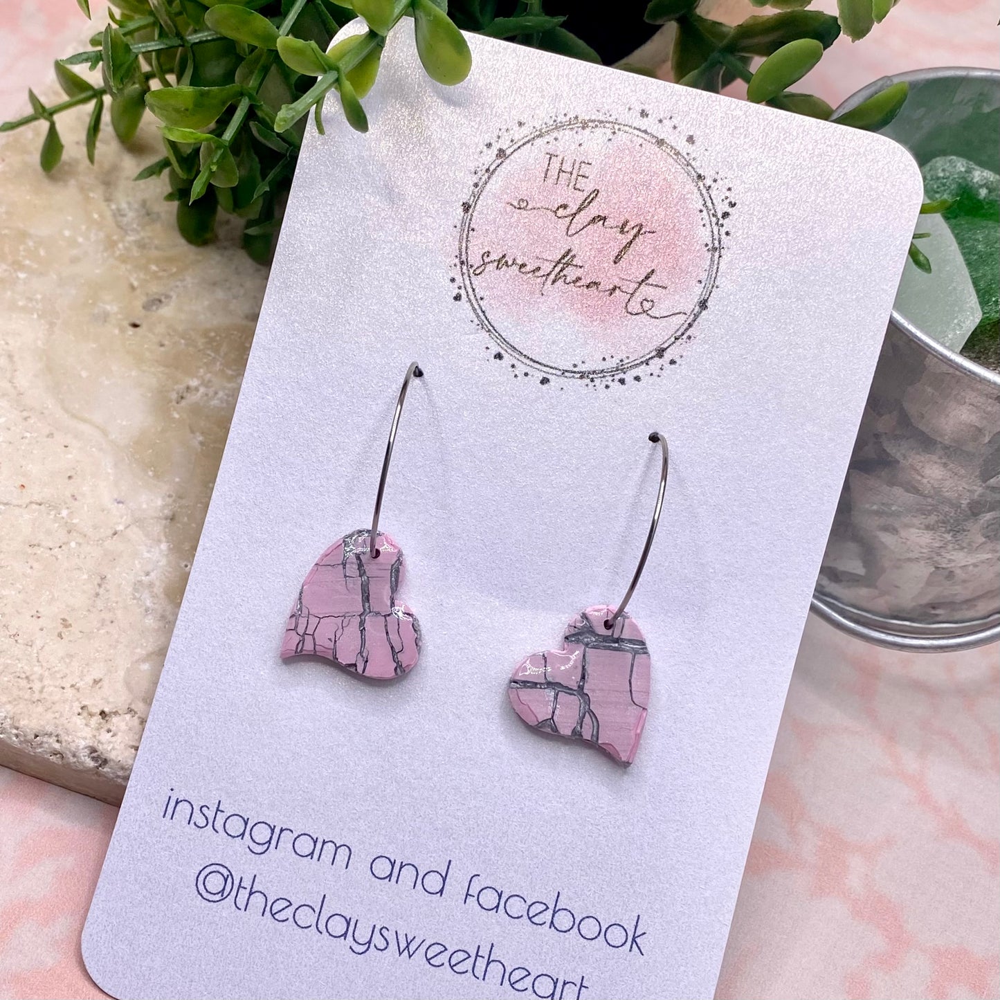 610 Pink crackle polymer clay heart earrings