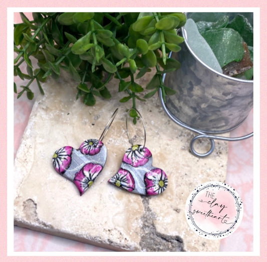 1602 silver with pink flowers polymer clay heart hoop earrings