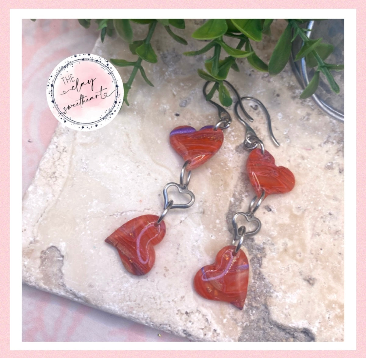 2208 red with purple polymer clay heart earrings