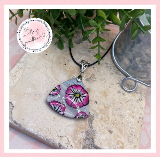 1607 silver with pink flowers polymer clay triangle necklace