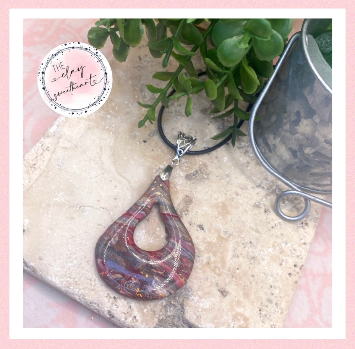 2224 red metallic floral polymer clay necklace