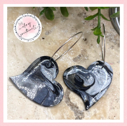 1306 polymer clay black and silver heart hoop earrings