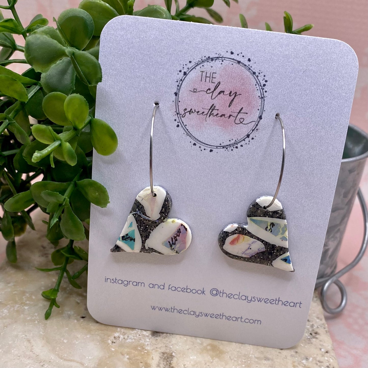 1204 polymer clay heart hoop earrings