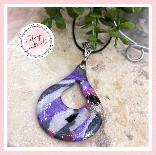 2422  purple, black and silver teardrop necklace