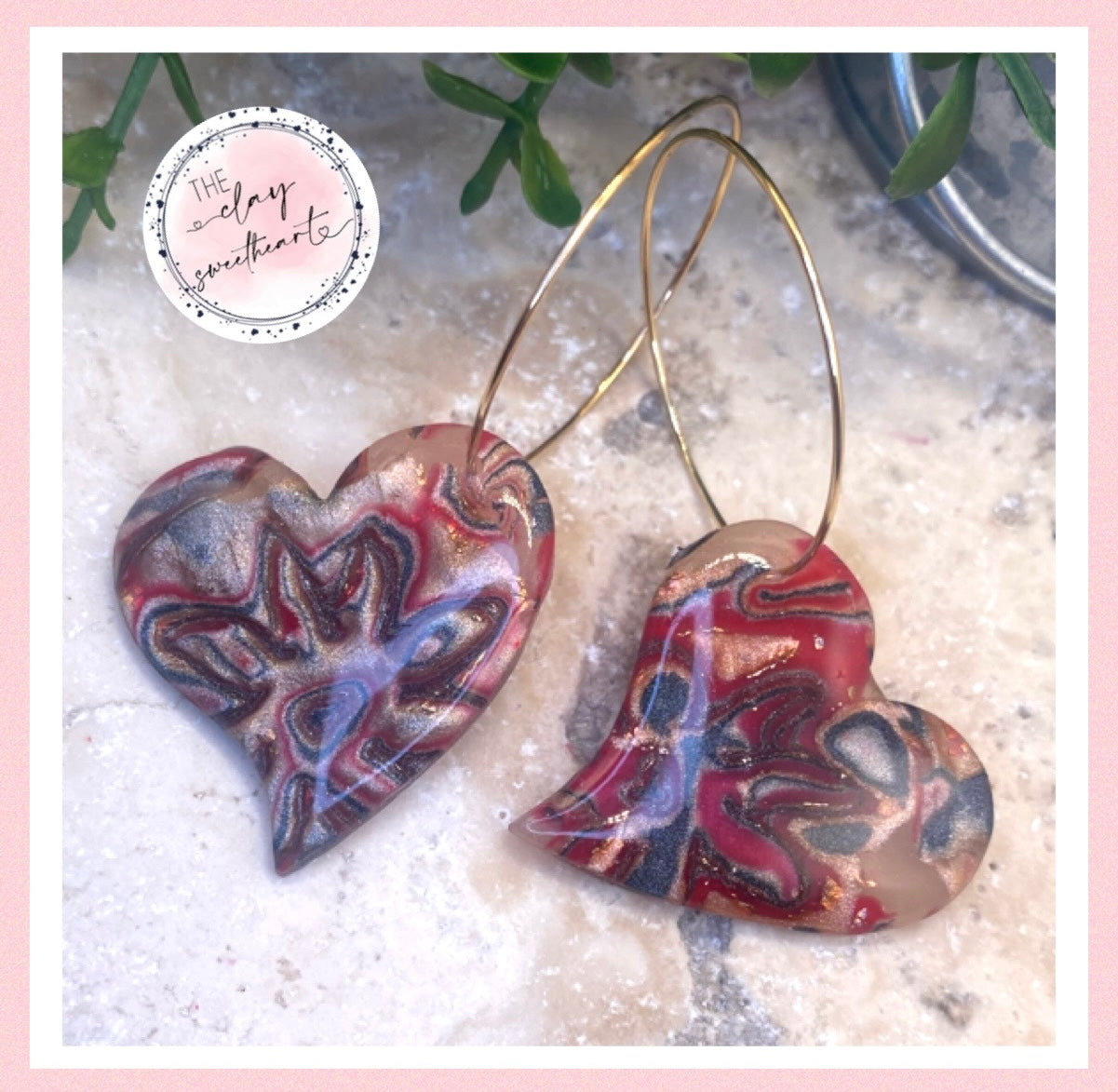 2223 red metallic floral polymer clay earrings
