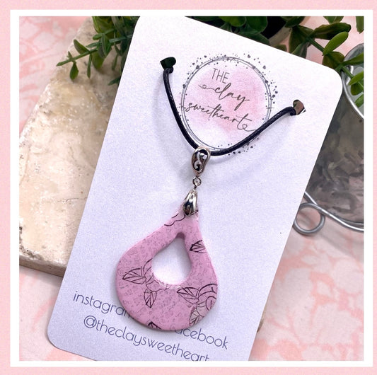 604 Pink polymer clay rose print necklace