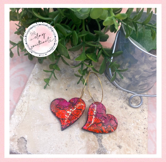 2206 red prism polymer clay heart hoop earrings