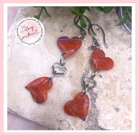 2208 red with purple polymer clay heart earrings