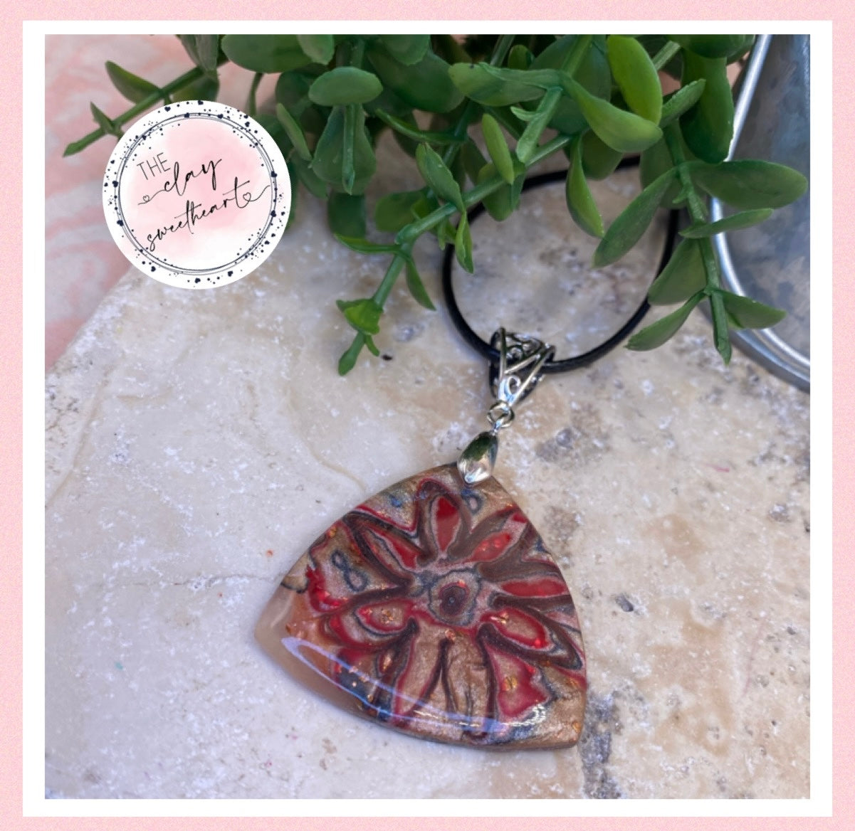 2218 red metallic floral polymer clay necklace