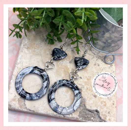 1311 polymer clay black and silver hoop earrings