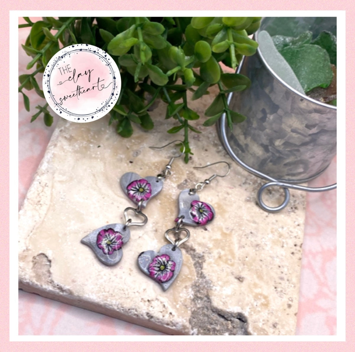 1603 silver with pink flowers polymer clay heart earrings