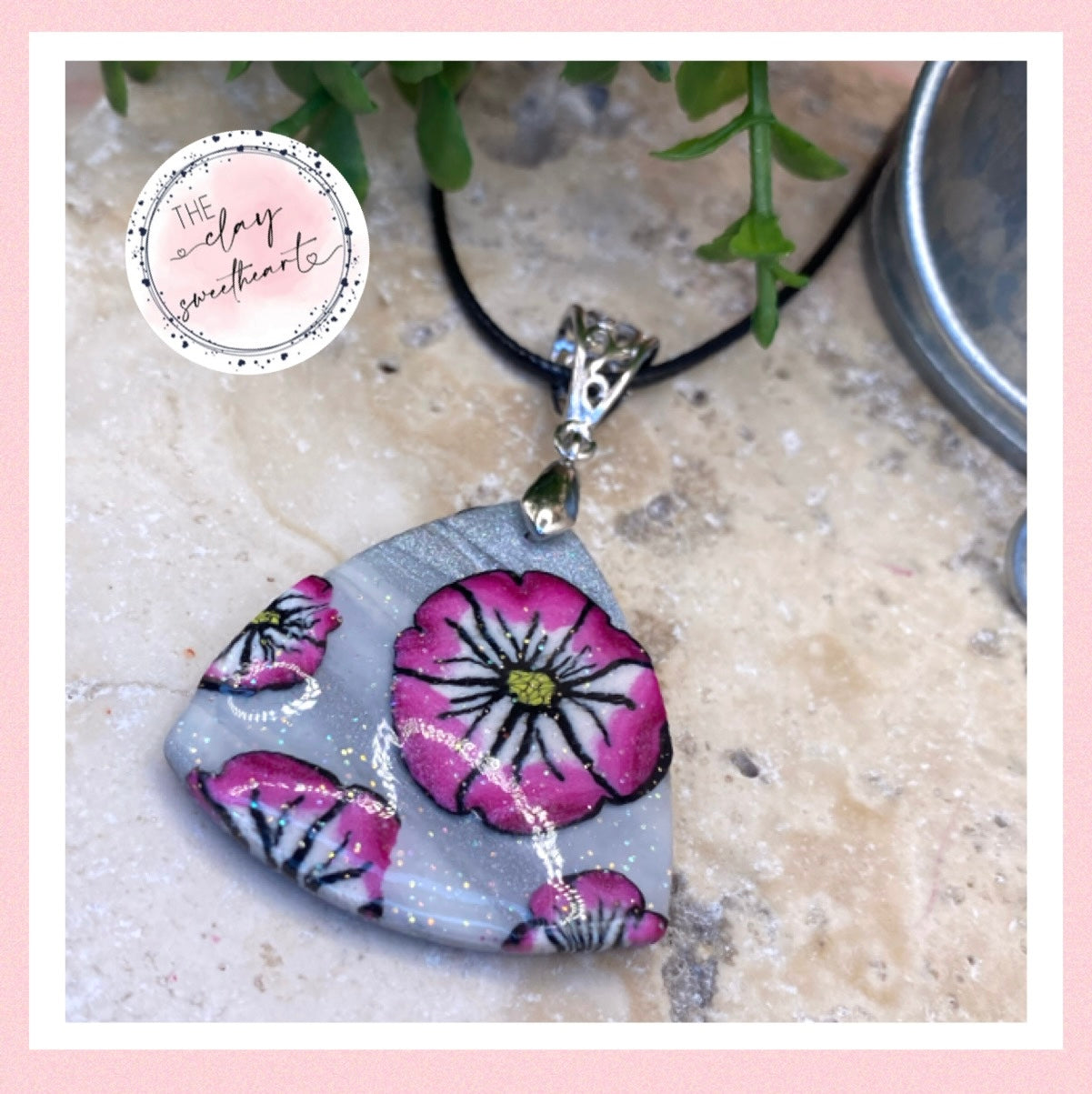 1607 silver with pink flowers polymer clay triangle necklace