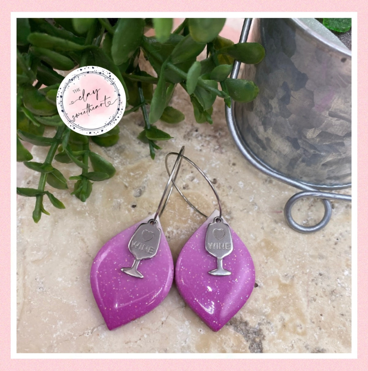 2620 Polymer clay pink wine hoop earrings