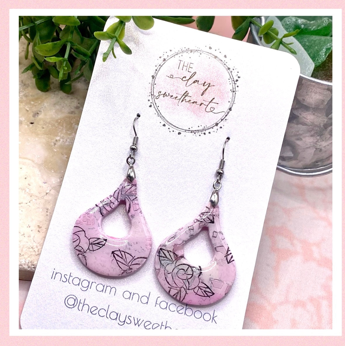 606 Pink polymer clay rose print earrings